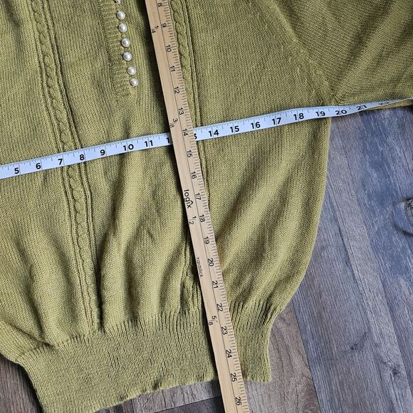 Vintage Crystal-Kobe Cottagecore Green Sweater Pearl Front Mock Turtleneck L - Picture 6 of 7